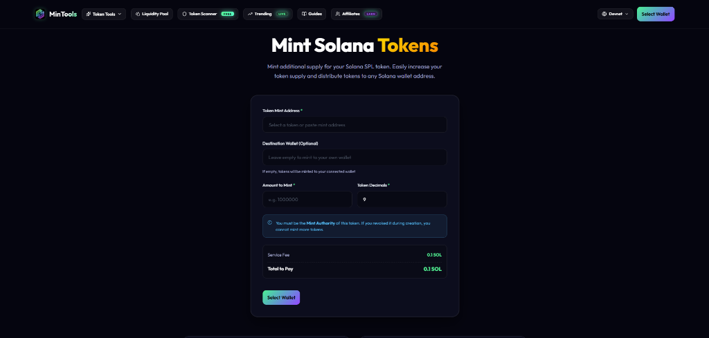 MinTools Mint Solana Tokens — Main Interface